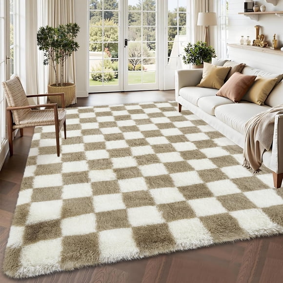 Checkered Rug 8x10 Fluffy Rug Checkered – Large Plush Rug for Bedroom, Ultra Soft Non-Slip Fluffy Carpet for Living Room – Modern Indoor Floor Rug