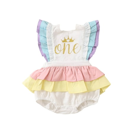 

Nokpsedcb Newborn Infant Kids Baby Girls Short Flying Sleeve Crew Neck Tiered Skirt Romper Outfits White 6-12 Months