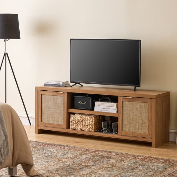 ARKANTOS Rattan TV Stand for Tvs up to 65 inch, Wood Media Console for Living Room, Natural Oak