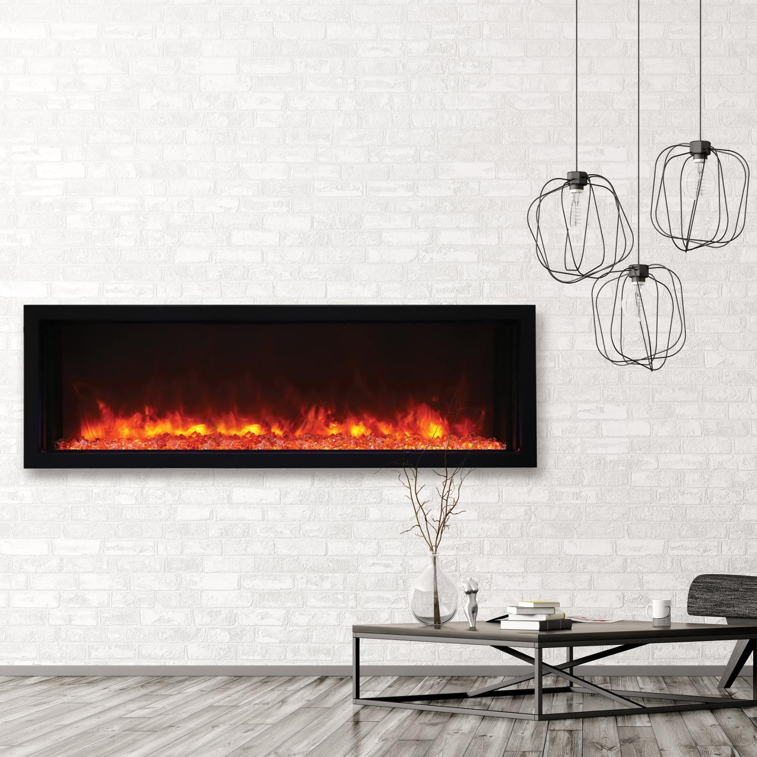 Smart 50″ Extra Slim Indoor or Outdoor Electric Built-In only Electric Fireplace with black steel surround