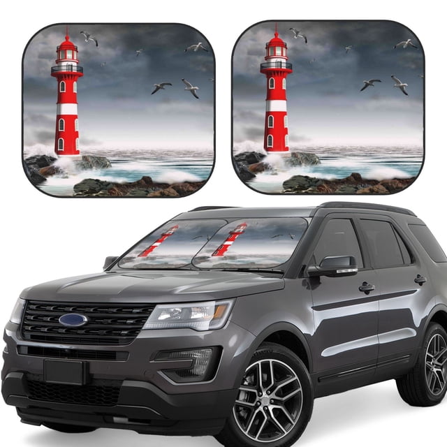 Saiise 3d Lighthouse in the Surf for Foldable Car Sun Shades (2-Pack) Offer Sun Protection with an Easy-fold Design for Convenient Windshield Shading-Large