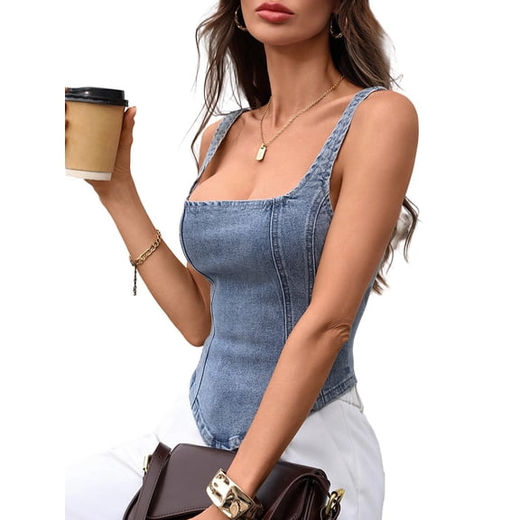 Women'S Denim Corset Tank Top Asymmetrical Hem Crop Tops Sleeveless Zip Up Back Tanks Blue L