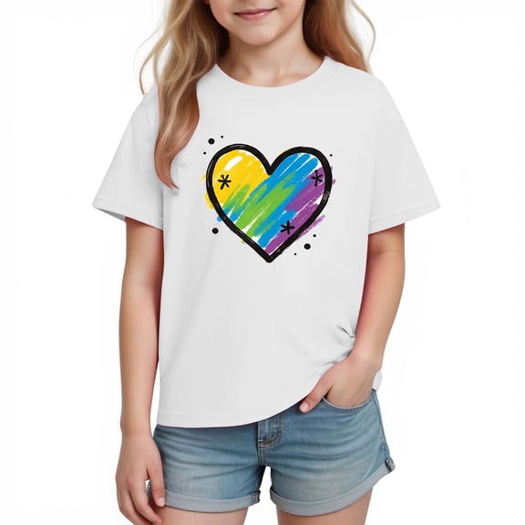 Girls Rainbow Heart T-Shirt - 100% Cotton Soft Short Sleeve Graphic Tee for Kids & Kids, Casual Top in White,Size 5 T