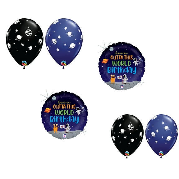LOONBALLOON Space, Alien, Rocket Theme Balloon Set, 2x Birthday Outta This World Holographic Balloons and 4x latex balllons
