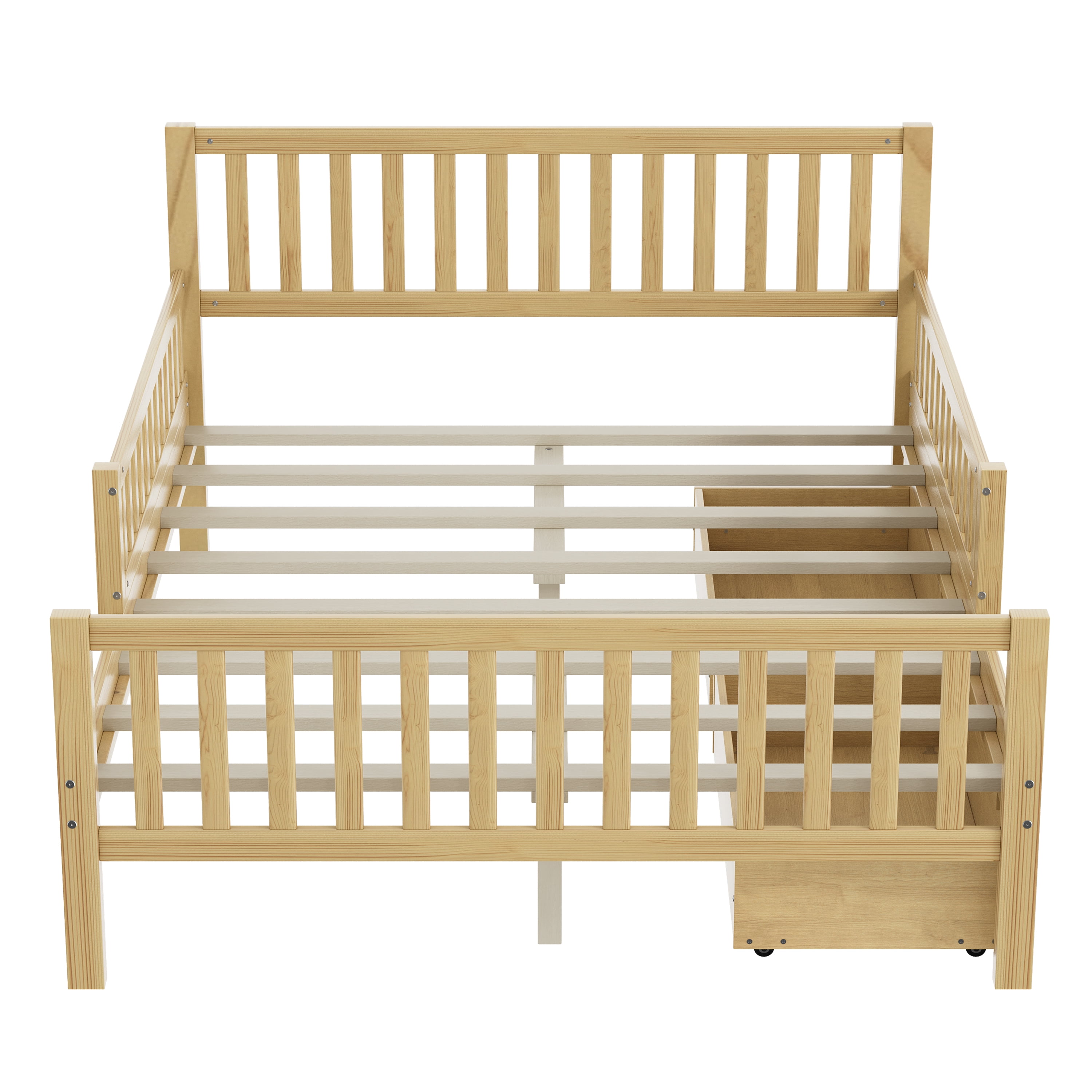 Euroco Wood Full Size Platform Bed with Guardrails and Drawers for Kids Teens Toddlers, Natural
