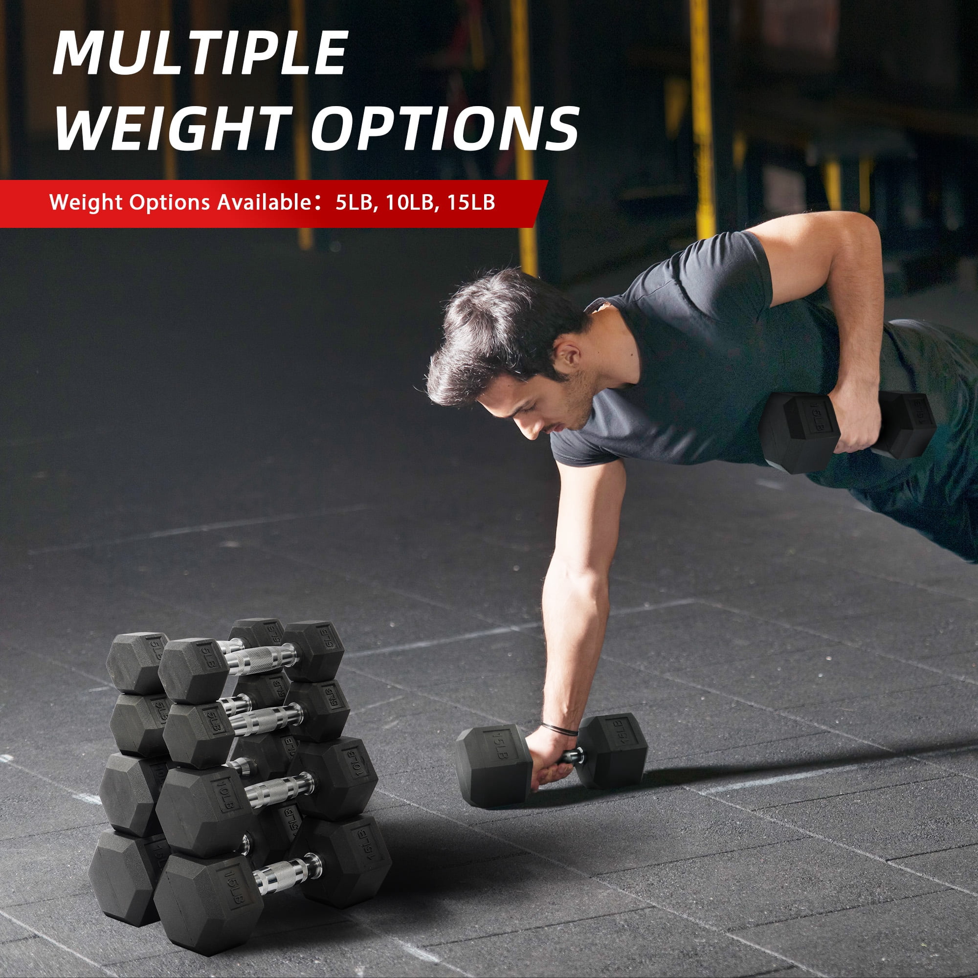 FlexWave Rubber Encased Hex Dumbbell Set – 70LB/80LB/90LB/110LB/120LB/130LB/140LB/160LB Total Weight, Black, Solid Cast Iron with Non-Slip Grip for Strength Training and Home Gym