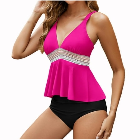 Uaswgudfs Women s Swimwear Two-Piece Set with Plunge V-Neckline and Striped Waist Belt Detail Top  High-Waisted Shorts Bottoms Hot Pink XL