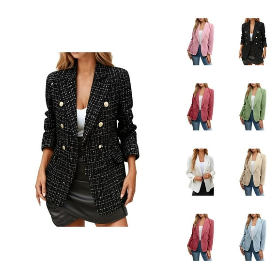Casual Blazers for Women 2025 Long Sleeve Tweed Notch Lapel Collar Double Business Casual Work Office Jacket