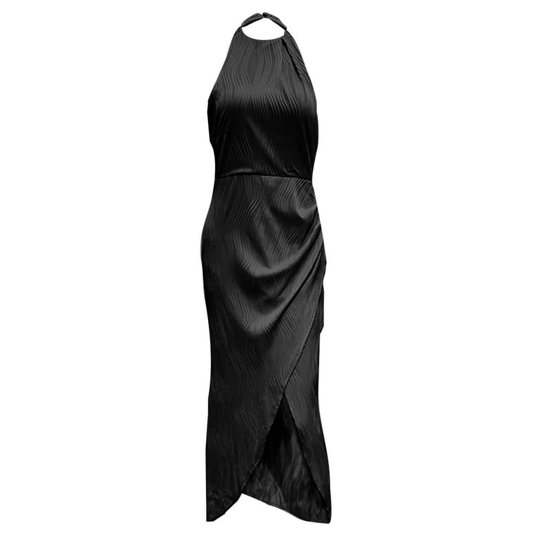 Akoee Halter Maxi Dress for Women Sexy Backless Wrap Long Dress with Slit Wedding Guest Party Sleeveless Gowns (Small, Black), Women's