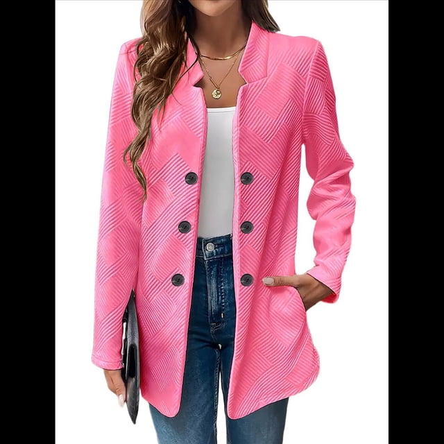 Blazer de Mujer con Cuello Alto, Informal, de Larga, Cruzado, Elegante, para Oficina y Negocios Rosa Roja M
