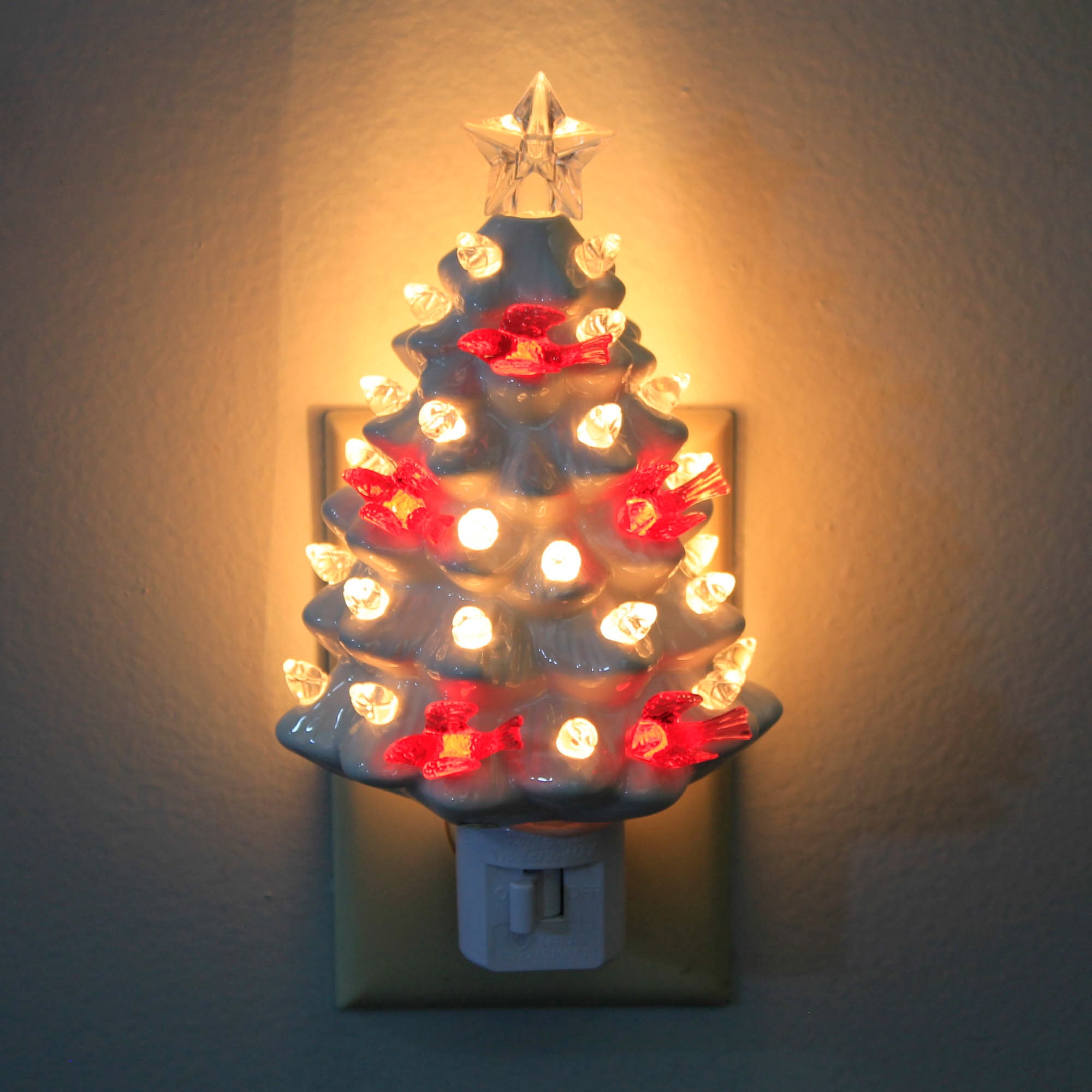 Roman 6.75In White Tree Night Light, Ceramic, Red Bird Cardinal Electric Plug-In 160321