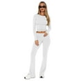 thumbnail image 5 of 2 Pcs/Set Women Top Pants Set Round Neck Solid Color Long Sleeves Slim Fit T-shirt Low Waist Flared Hem Trousers Casual Sport Outfit, 5 of 8