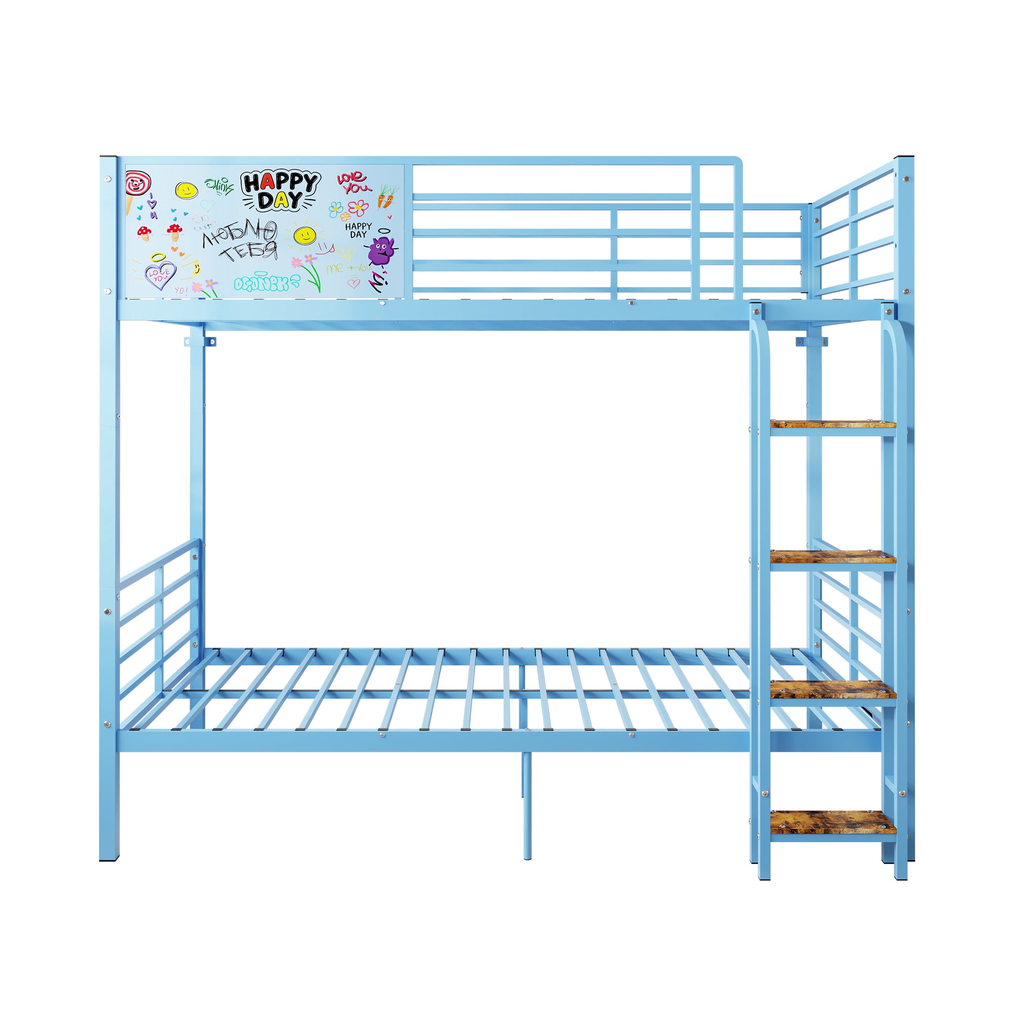 Convertible Metal Bunk Bed Separates into 2 Full Size Beds, Heavy Duty Frame with Full-Length Guardrail and Ladder, No Box Spring Needed, Blue