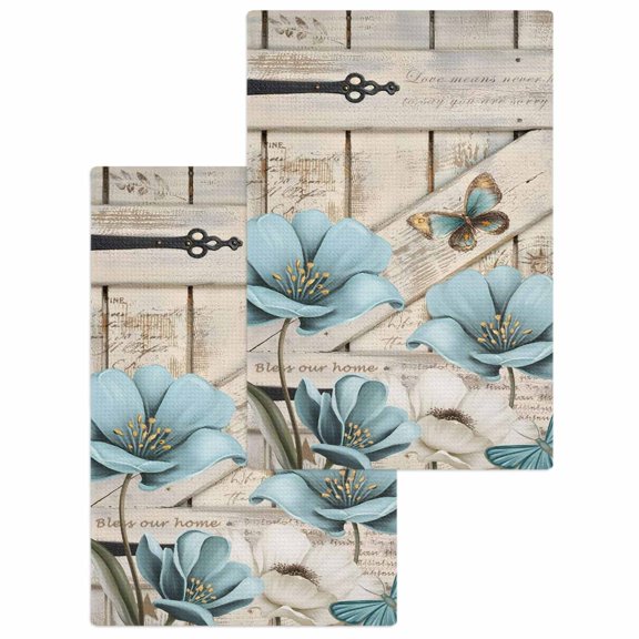 Teal Blue Tulips Kitchen Dish Towels for Drying Dishes Set of 2, Spring Floral Barn Doors Vintage Wood Beige Waffle Weave Microfiber Hand Tea Bathroom Towels Quick Dry & Absorbent Towel 15.7x23.6
