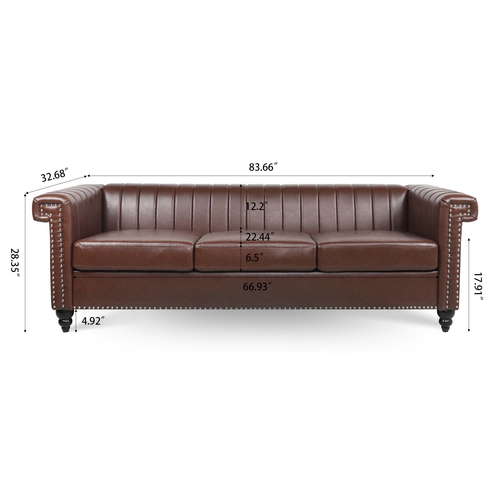 Kadyn 83.66" Removable Cushion 3 Seater Sofa, Modern Pu Sofa for Living Room, Upholstered Pu Sofa Couch with Traditional Square Arm, Dark Brown
