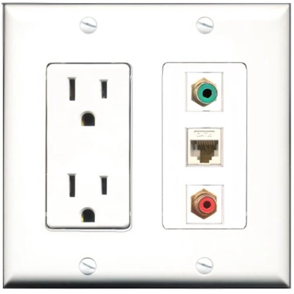 RiteAV - 15 Amp Power Outlet 1 Port RCA Red 1 Port RCA Green 1 Port Cat6 Ethernet Ethernet White Decorative Wall Plate