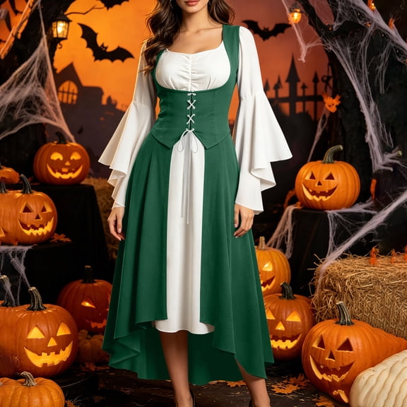 LEKWK Renaissance Dress Women Vintage Medieval Dress Lace-Up Corset Flowy Halloween Dress for Halloween Cosplay Theme Party Dress Up
