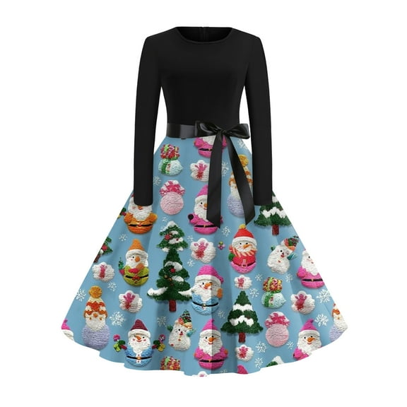 Women's Fashionable and Elegant Autumn and Winter Long-sleeved Round Neck Christmas Print Dress for Holiday Parties and Casual Wear, Stylish Women's Seasonal Dress,Light Blue,M