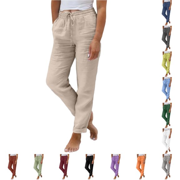 Xijirk Women Full Length Straight Leg Casual Trousers with Elastic Adjustable Tie Waist Side Storage Pockets Light Airy Soft Roll Up Ankle Pants for Daily Beach Home Outdoor Leisure Wear,Beige,5XL