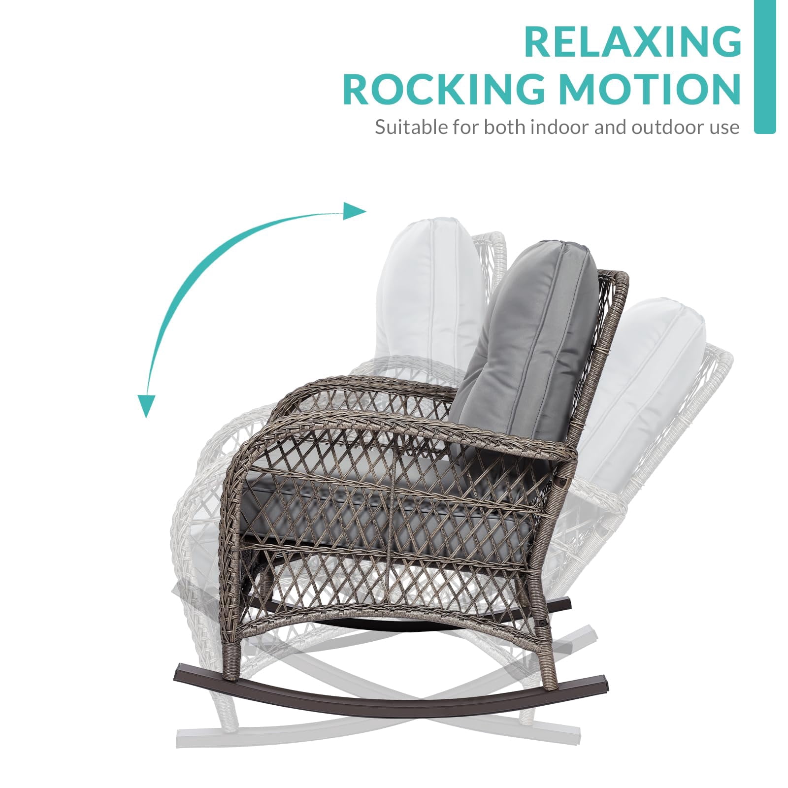 MEETWARM 7 Pieces Outdoor Patio Rattan Furniture Sets, All Weather Patio Wicker Conversation Set- 2 Rocking Chairs, 2 Swivel Chairs, 1 Loveseat Glider w/Cushions, 2 Glass-Top Coffee Table, Gray
