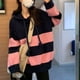 thumbnail image 2 of Suéter con capucha suave y glutinoso a rayas de contraste suelto coreano, suéter para mujer, nuevo abrigo de otoño e invierno, suéter de punto que combina con todo, 2 of 5