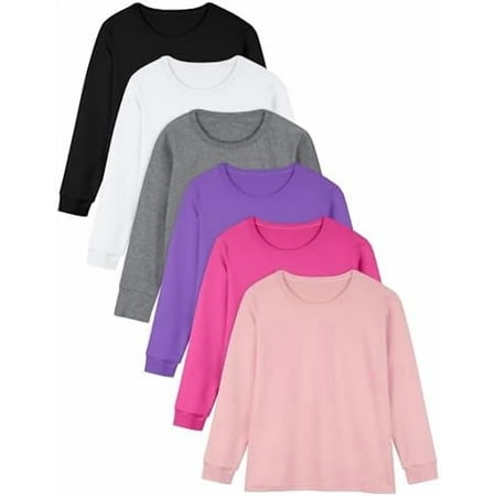 6 Pack Girls Boys Long Sleeve Shirt Thermal Performance Tops Stretch Color Undershirt Base Layer Cotton Top