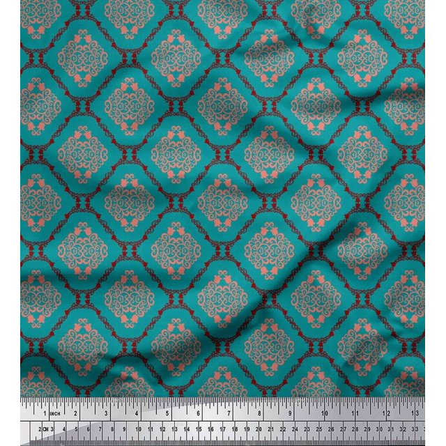Soimoi polyester Crepe Fabric Flamingo & Moroccan Damask Print Fabric by the Yard 52 Inch Wide