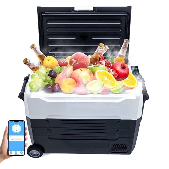 WheelX Car Refrigerator 58Qt, 12v Portable Freezer with Dual Zone, 12/24V DC & 100-240V AC Electric Cooler with -4℉-68℉ Cooling Range, App Control for Car Truck Vehicle RV Boat Outdoor & Home Use