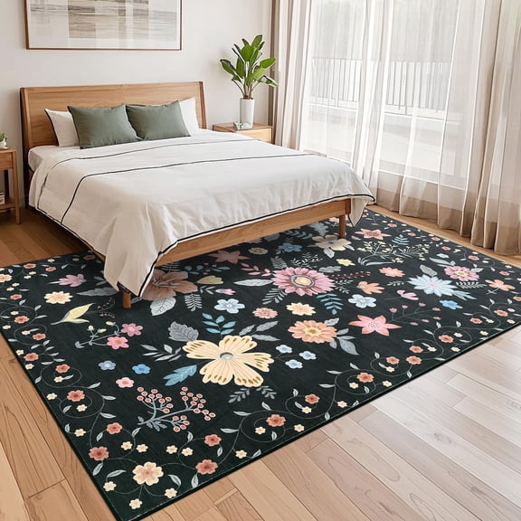 6x9 Kitchen Runner Floral Rug Runners for Hallway Bedroom,Soft Ultra-Thin Indoor Low Pile Flower Carpet with Non Slip Backing,Black
