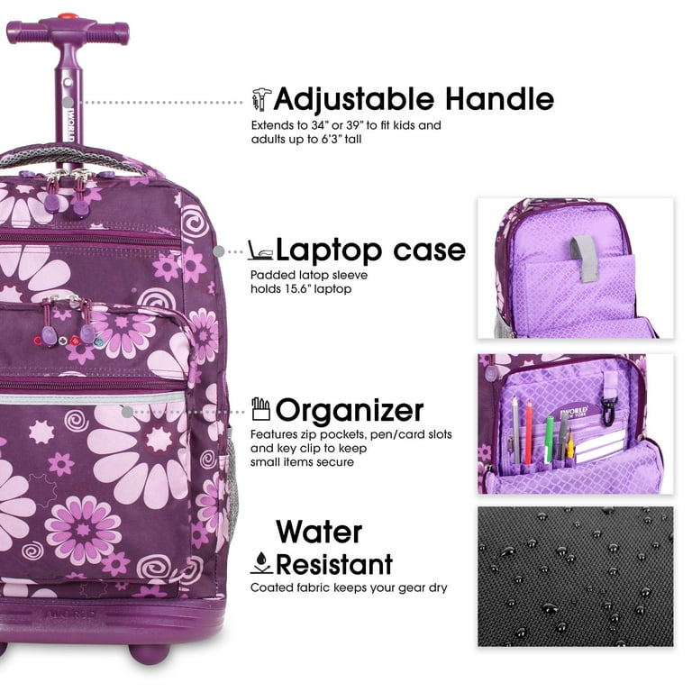 J World Girls and Womens Sundance 20 Rolling Backpack with Laptop Sleeve for School and Travel Purple Flower