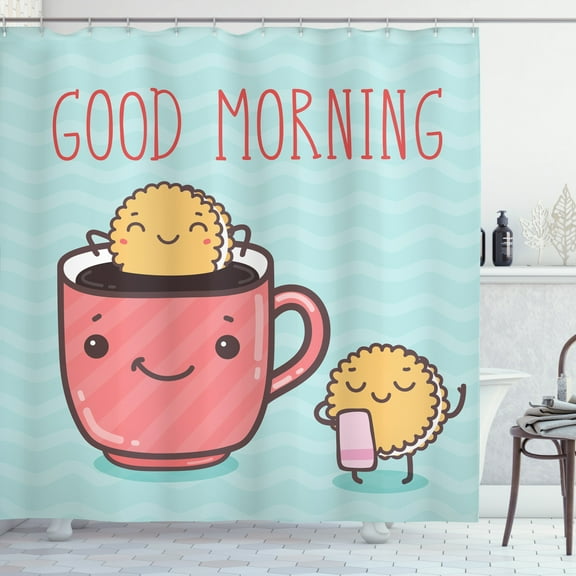 Chocolate Shower Curtain, Hand-drawn Illustration of Happy Biscuits Dipping into Hot Coffee Morning, Fabric Bathroom Set with Hooks, 69W X 84L Inches Extra Long, Multicolor, by Ambesonne