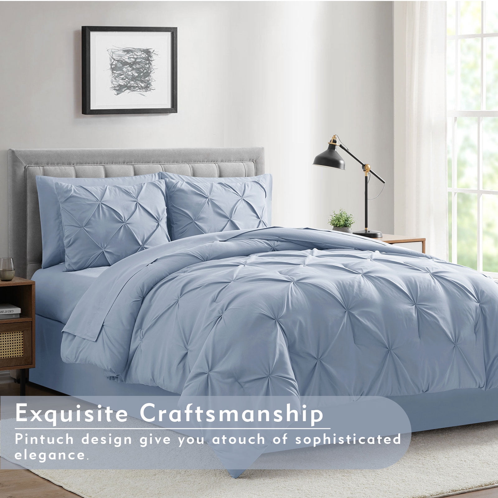 Bourina 3-Piece King Size Comforter Set, Pleated Wrinkle-Resistant Microfiber Bedding, Blue,All-Season