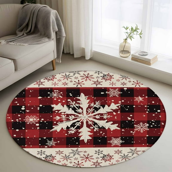 Christmas Snowflakes Round Area Rug 4 FT, Non Slip Indoor Outdoor Rug, Xmas Winter Vintage Red Plaid Washable Soft Circular Carpet Non-Shedding Floor Mat for Coffee Table Nursery Foyer Balcony