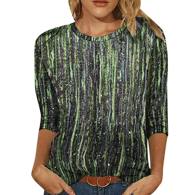IROINID Reduced Womens Long Sleeve Tops Spring Printed Round Neck Lounge Tee Tops,Green