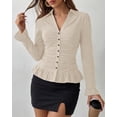 thumbnail image 5 of BTFBM Fitted Button Down Shirts for Women Dressy Casual Tops | Collar V Neck Long Sleeve Ruched Tops, Stretchy Ruffle Blouses, Fall Fashion Clothing, Work Date Night Going Out Outfits, 5 of 7