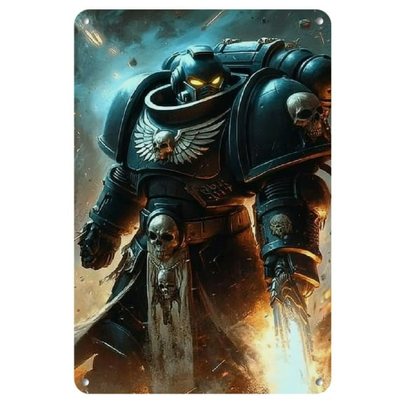 1pc Retro Iron Metal Poster - 8x12 Inch Artistic Wall Decor, Brave War Hammer Theme, Detailed Armored Figure with Glowing Blue Energy, Dark Gothic Fantasy Artwork for Tabletop or Display, Wall Art