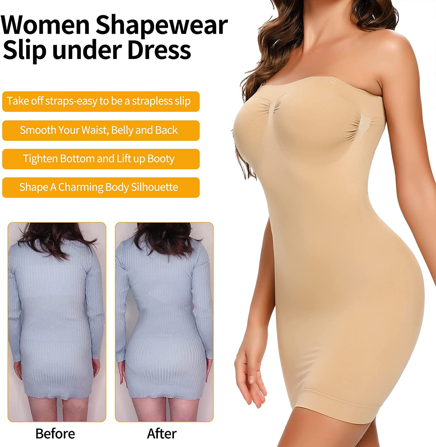 Jengo Tummy Control Strapless Shapewear Slips for Under Dresses