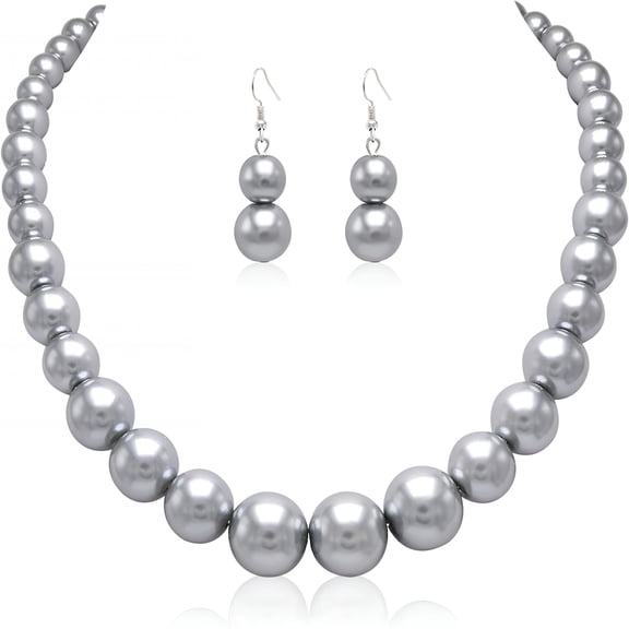DESIGNICE Pearl Choker Necklace for Women with Matching Earrings - Faux Pearl Beads Strand Necklace Earring Set - Elegant Grey Costume Jewelry Gift for Wife Mother Birthday Anniversary