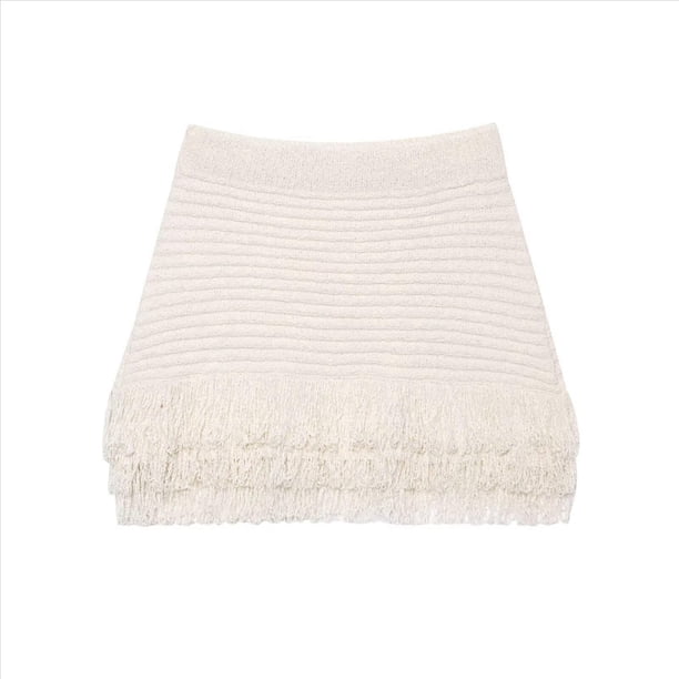 Falda Corta de Punto Calado con Borlas para Mujer Lechoso L
