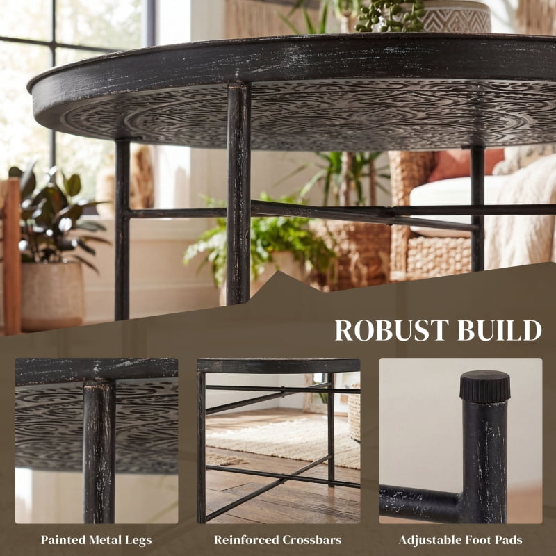 Alvantor Round Coffee Table with Hammered Tray Top & Metal Frame 24"x24"x15.7" Pewter