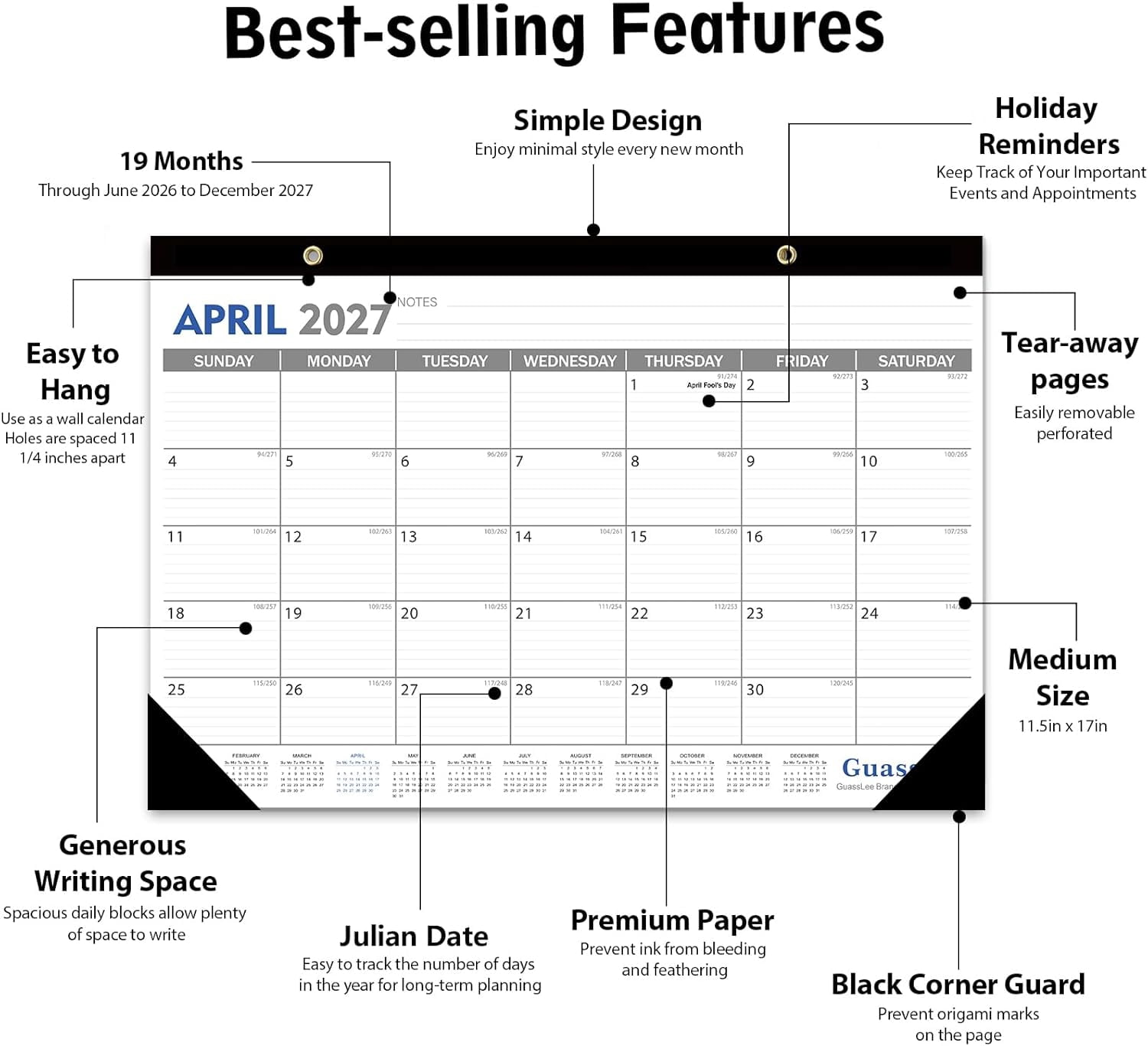 Desk Calendar 2026-2027 - 19 Monthly Desktop 17" x 11.5" Medium Size Runs from Jun. 2026-Dec. 2027 with Julian Dates for Students Family Office Easy Planning