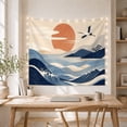 thumbnail image 5 of Crane Above Coastal Waves with Orange Sun and Mountains, Peaceful Minimalist for Nature Lovers, Seaside Decor, Housewarming Gift, Tapestry Wall Hanging for Bedroom and Studio, 5 of 7