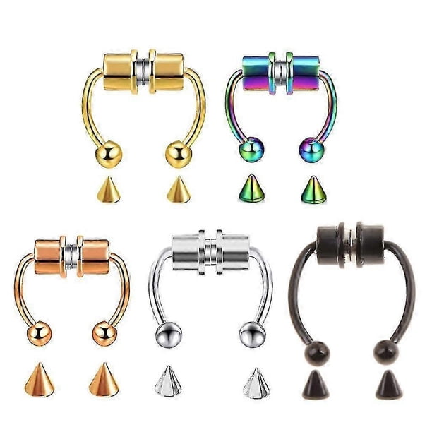 5 piezas de piercing falso para el tabique nasal, aro magnético en forma de herradura para la nariz, clip sin perforación, acero inoxidable, aro reutilizable para la nariz.