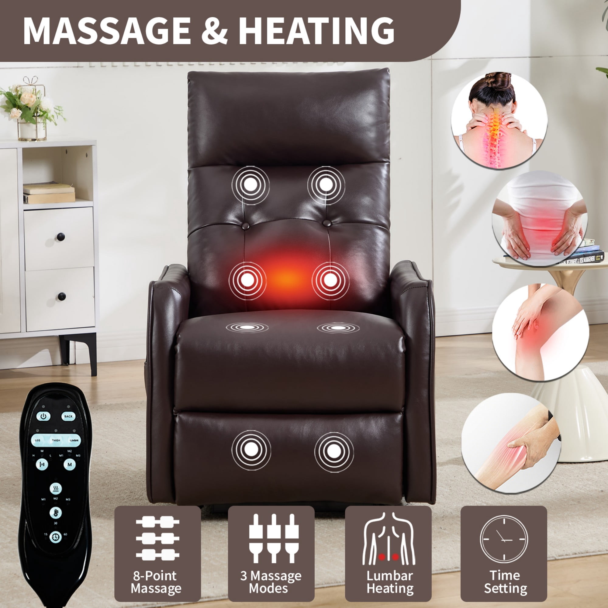 Aukfa Leather Power Lift Recliner Chair for Elderly, Single Motor Electric Chair with Massage, Heat & USB Charging Port, Dark Brown