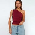 thumbnail image 6 of Women Summer Y2K Tops Sleeveless One Shoulder Slim Fit Shirts Ruched Knit Asymmetrical Top Blouse Wine Red L, 6 of 10