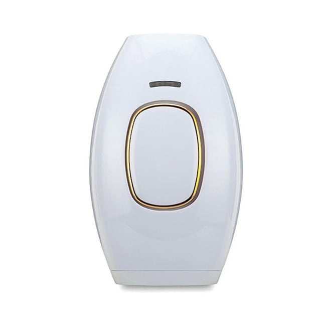 depilación láser ipl, dispositivo de depilación láser permanente en casa, depilación permanente para mujeres y hombres dispositivo portátil blanco, vista frontal centrada; cuerpo ovalado con gran botón central borde dorado y pequeña ventana de flash superior (ventana de 4.5 cm según especificaciones), acabado brillante y contorno ergonómico, especificado con 5 niveles de potencia y 300000 disparos; indicado para cuerpo completo y zonas pequeñas como cara y línea del bikini; su tamaño compacto lo hace adecuado para llevar en viajes.