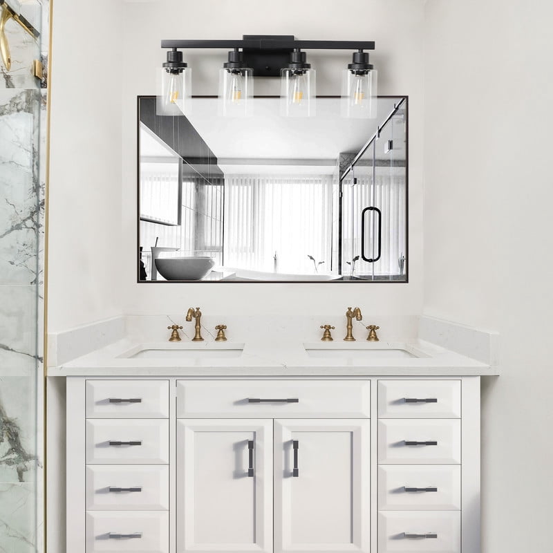 24" Black 4-Light Bathroom Vanity Light Fixture, Industrial Wall Sconce with Clear Glass Shades for Bathroom Lighting Over Mirror, Bedroom, Hallway – E26 Base (Bulbs Not Included)