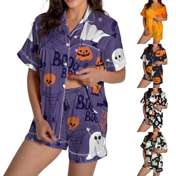 SAZBJOJN Womens Halloween Pajama Sets Collared Short Top and Short Pants 2 Piece Sleepwear Festive Printed Loungewear Soft PJs Set for Women Party Home Sleeping White XL