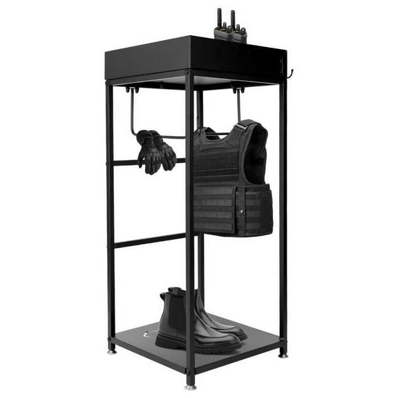 Law Enforcement Gear Holder, Black Steel Frame, Quick Assembly, 3 Hooks 50lbs, 70lbs Tray, 18.1in x 18.1in, Police Vest Hanger for Commercial Spaces