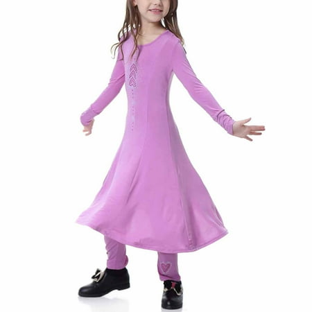 

cllios Muslim Long Dress Medium Big Girls Long Sleeve V Neck Colorblock Dress